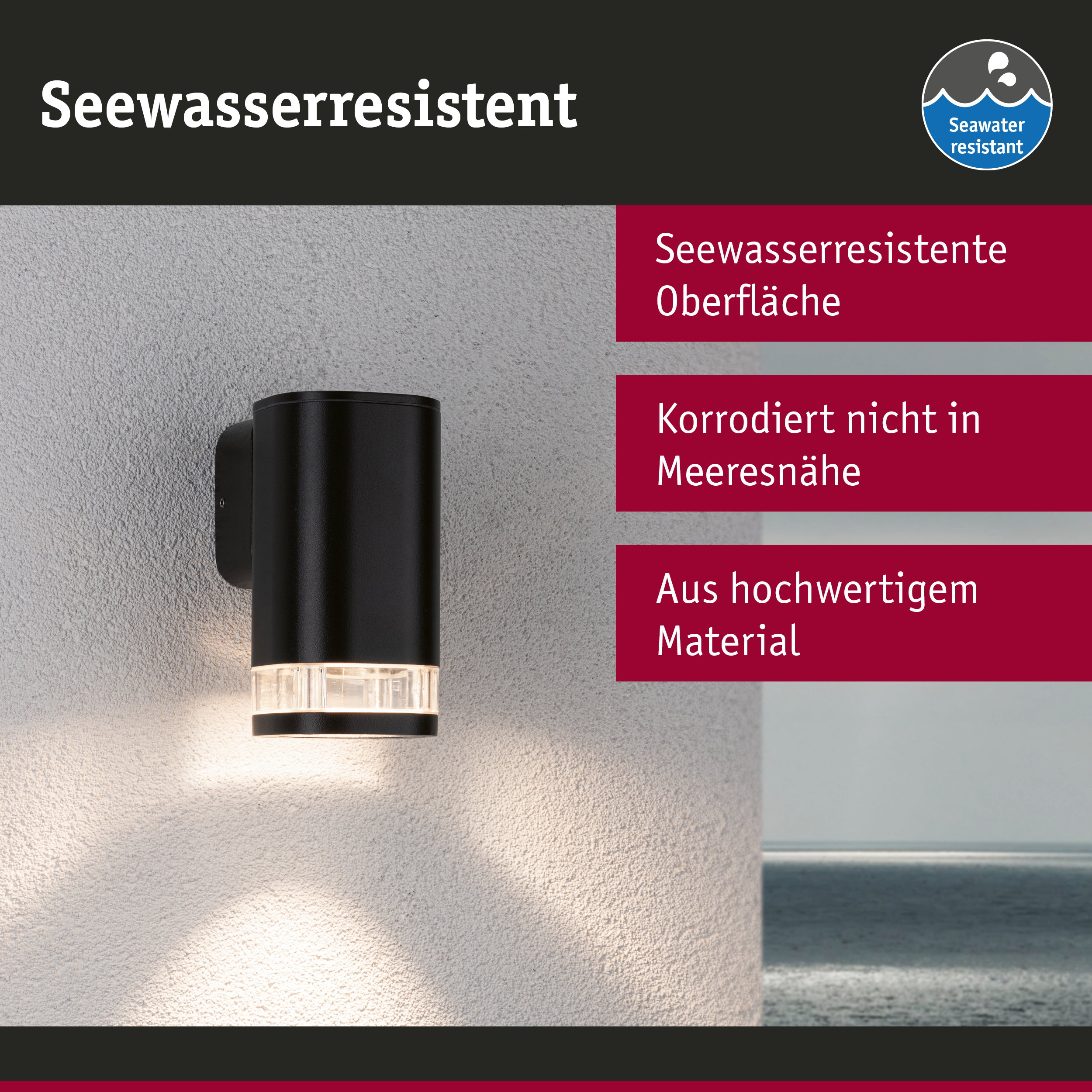 Schwarze Außenwandleuchte mit seewasserresistenter Oberfläche aus hochwertigem Material