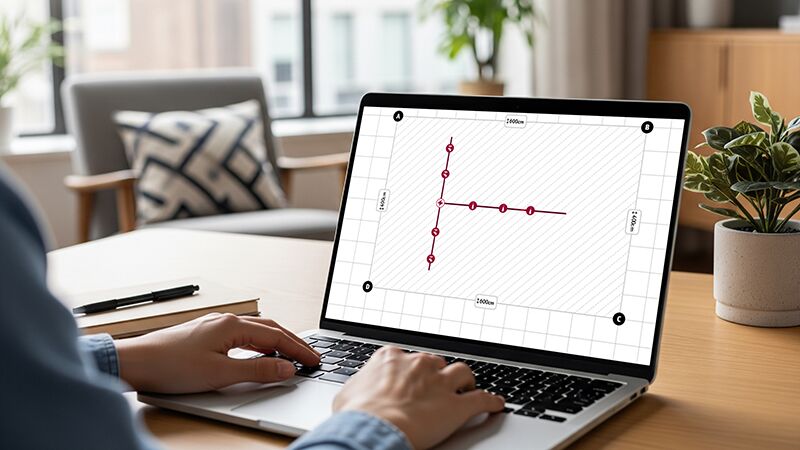 Personne utilise un ordinateur portable avec un configurateur de rails d'éclairage à l'écran dans un bureau moderne