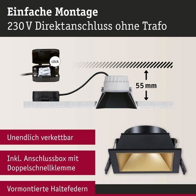Schwarzer Einbaustrahler mit goldfarbener Reflektorfläche und Anschlussbox für 230V Direktanschluss ohne Trafo