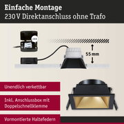 Schwarze Einbauleuchte mit goldfarbenem Reflektor und 55 mm Einbautiefe, 230 V Direktanschluss ohne Trafo