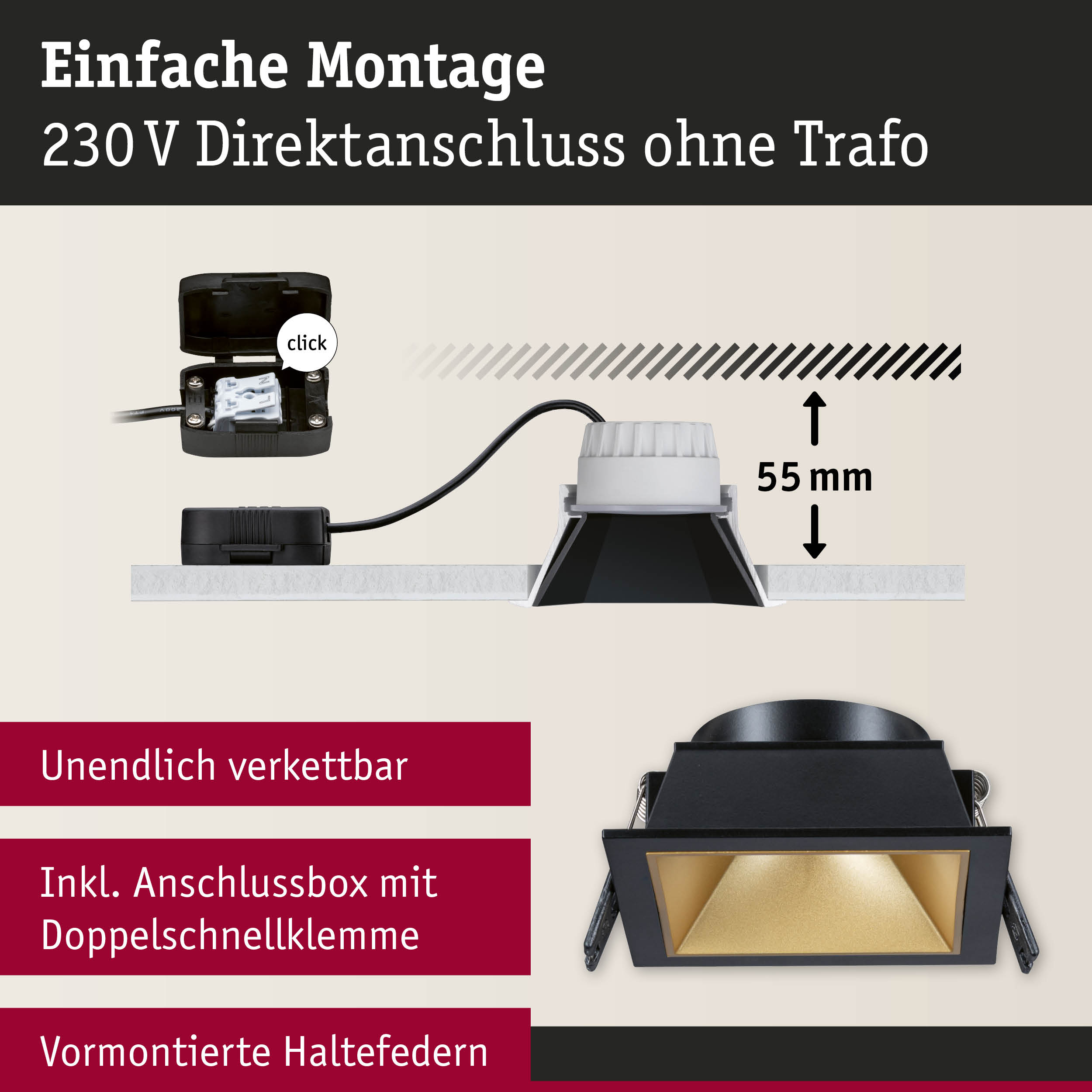Schwarze Einbauleuchte mit goldfarbenem Reflektor und 55 mm Einbautiefe, 230 V Direktanschluss ohne Trafo