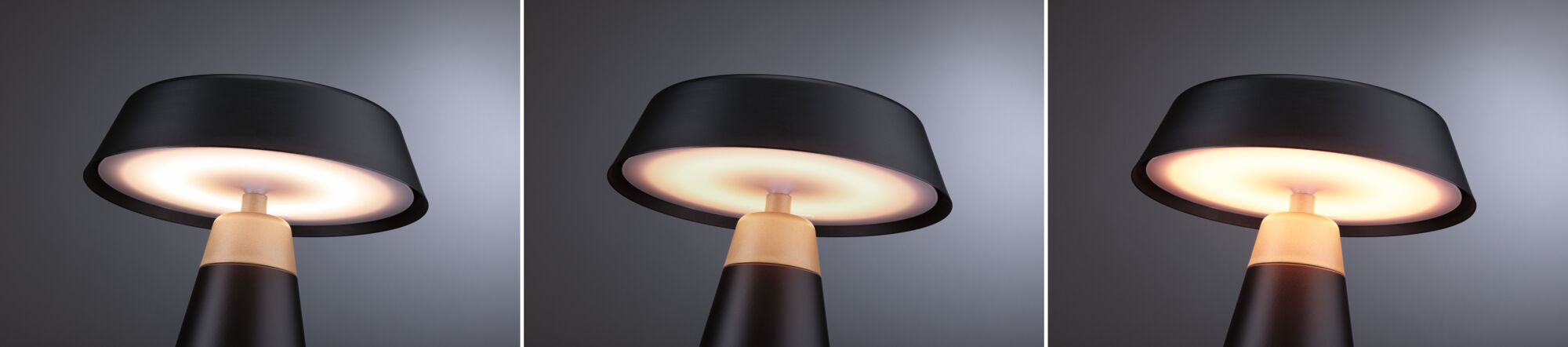 Dreiteiliges Bild einer modernen schwarzen LED-Tischlampe mit warmweißem Licht und mattem Schirm