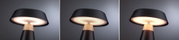 Dreiteiliges Bild einer modernen schwarzen LED-Tischlampe mit warmweißem Licht und mattem Schirm