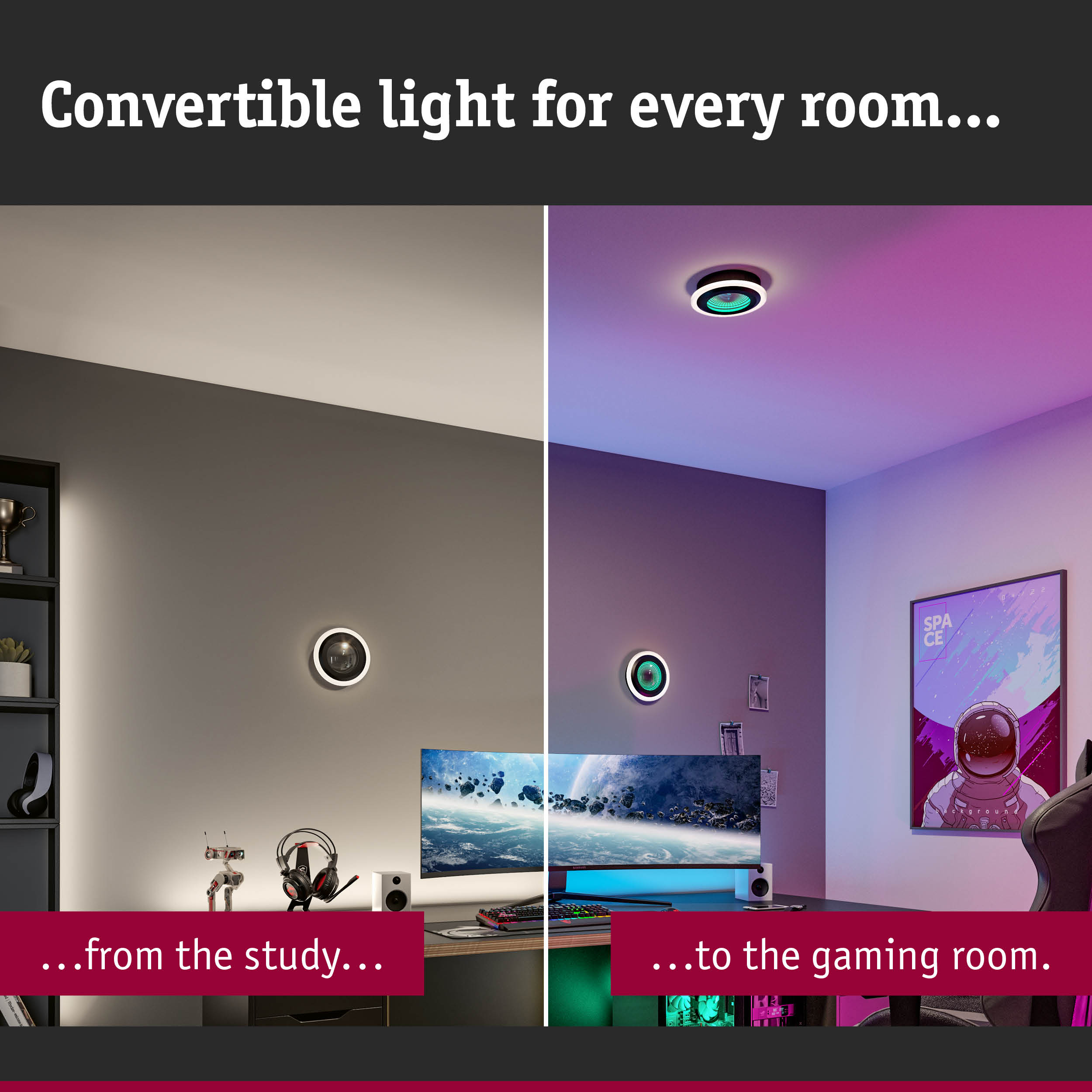 LED wall and ceiling light with white ring, dimmable for study and gaming room lighting