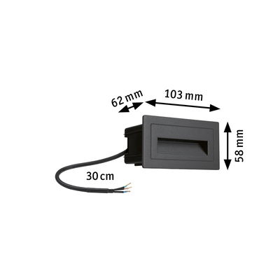 Zwarte inbouwlamp van kunststof met kabel, afmetingen 103x58x62 mm, LED inbouwspot