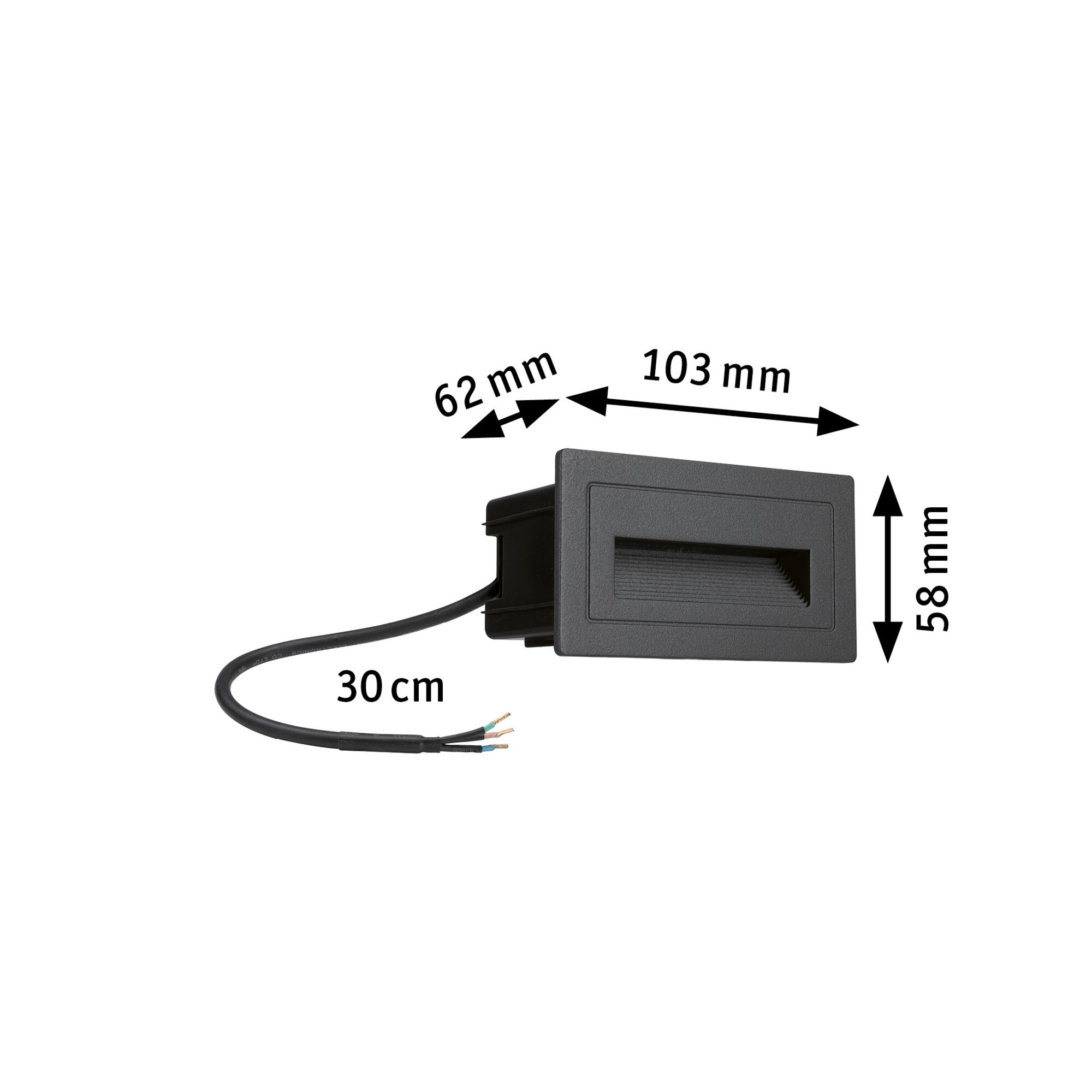 Black plastic LED recessed light with cable and dimensions for indoor lighting