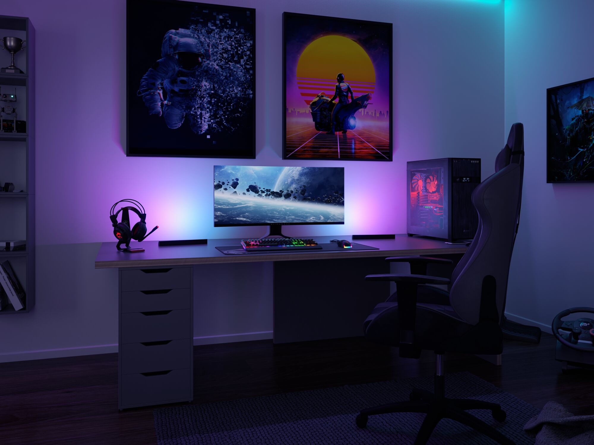 Configuration de jeu moderne avec éclairage RGB, tour PC, écran et chaise ergonomique dans une pièce sombre