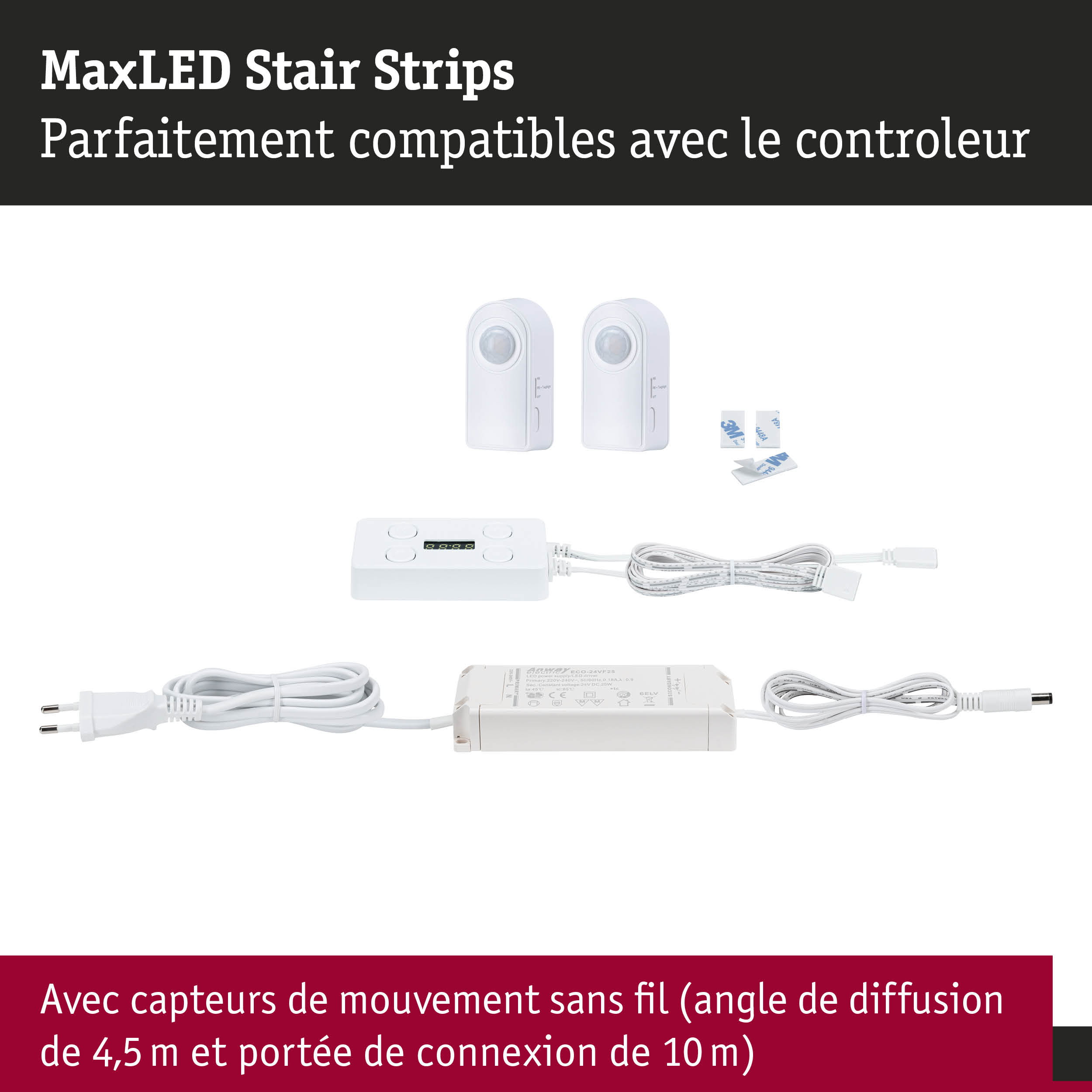 Kit d'éclairage d'escalier MaxLED blanc avec capteurs de mouvement sans fil et contrôleur LED