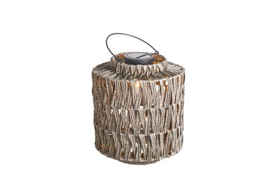 Grey woven natural material lantern with integrated solar light for outdoor use