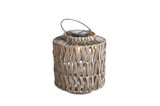 Grey woven natural material lantern with integrated solar light for outdoor use