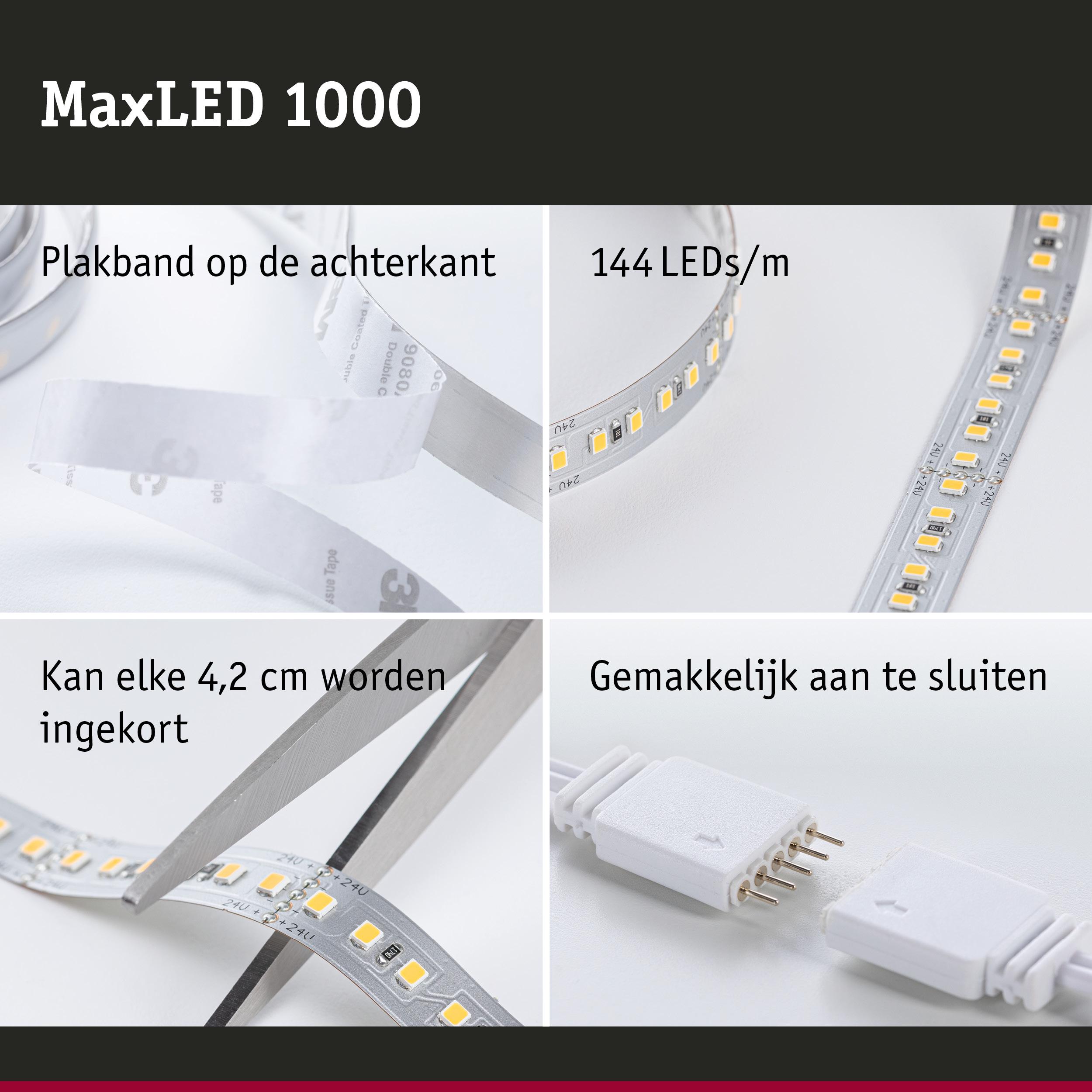 MaxLED 1000 LED-strip met 144 LEDs/m, plakband aan achterkant, elke 4,2 cm in te korten, makkelijk aan te sluiten