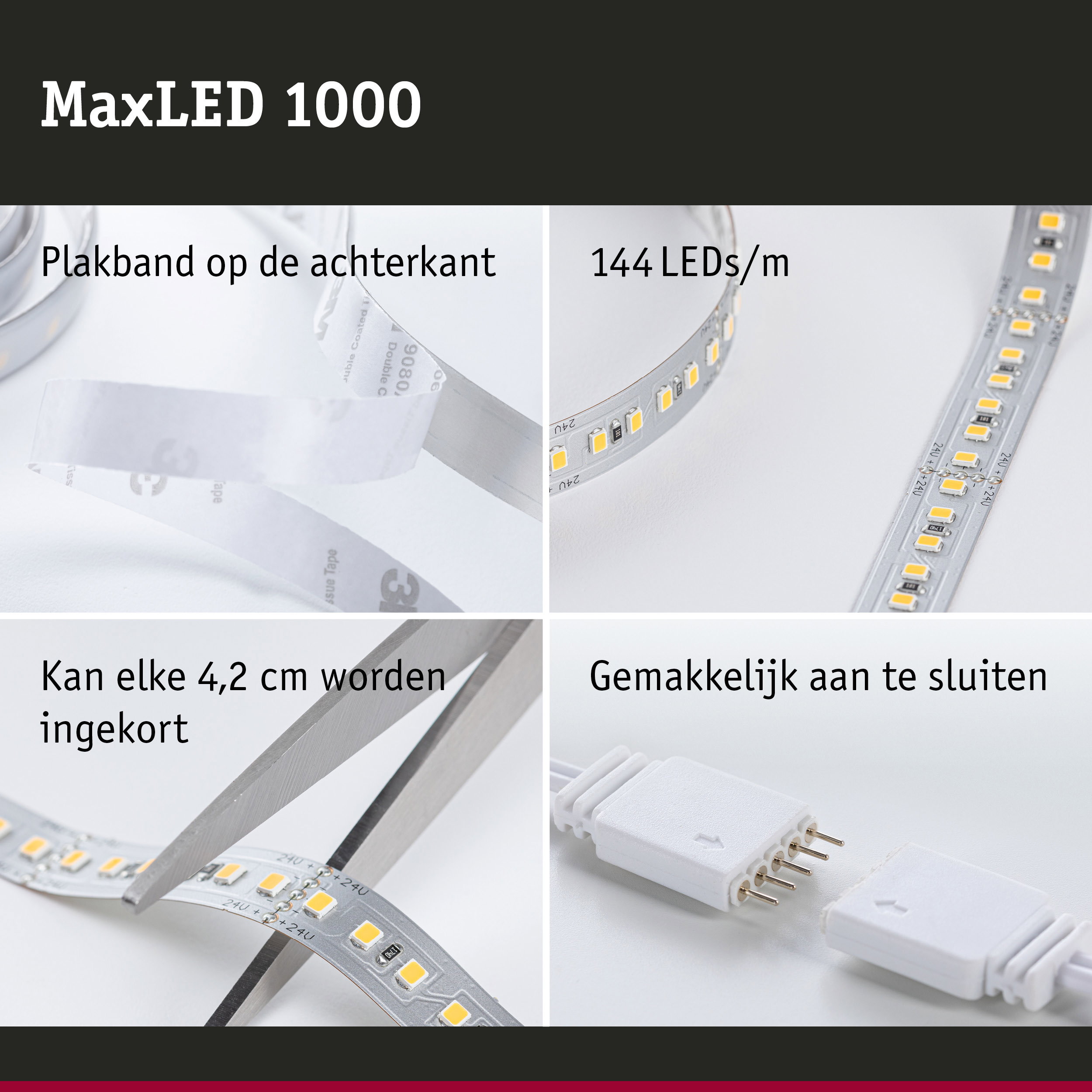MaxLED 1000 LED-strip met 144 LEDs/m, zelfklevend, knipbaar en eenvoudige stekkerverbinding