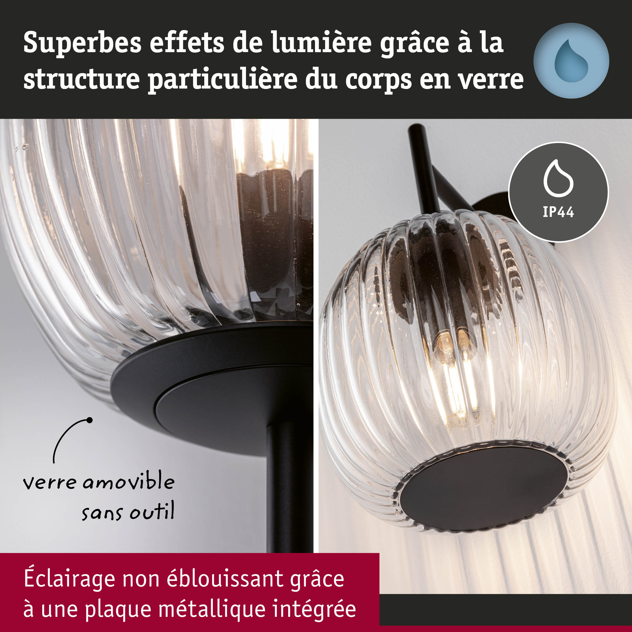 Applique murale en verre avec base métallique noire et indice IP44 pour un éclairage intérieur sans éblouissement