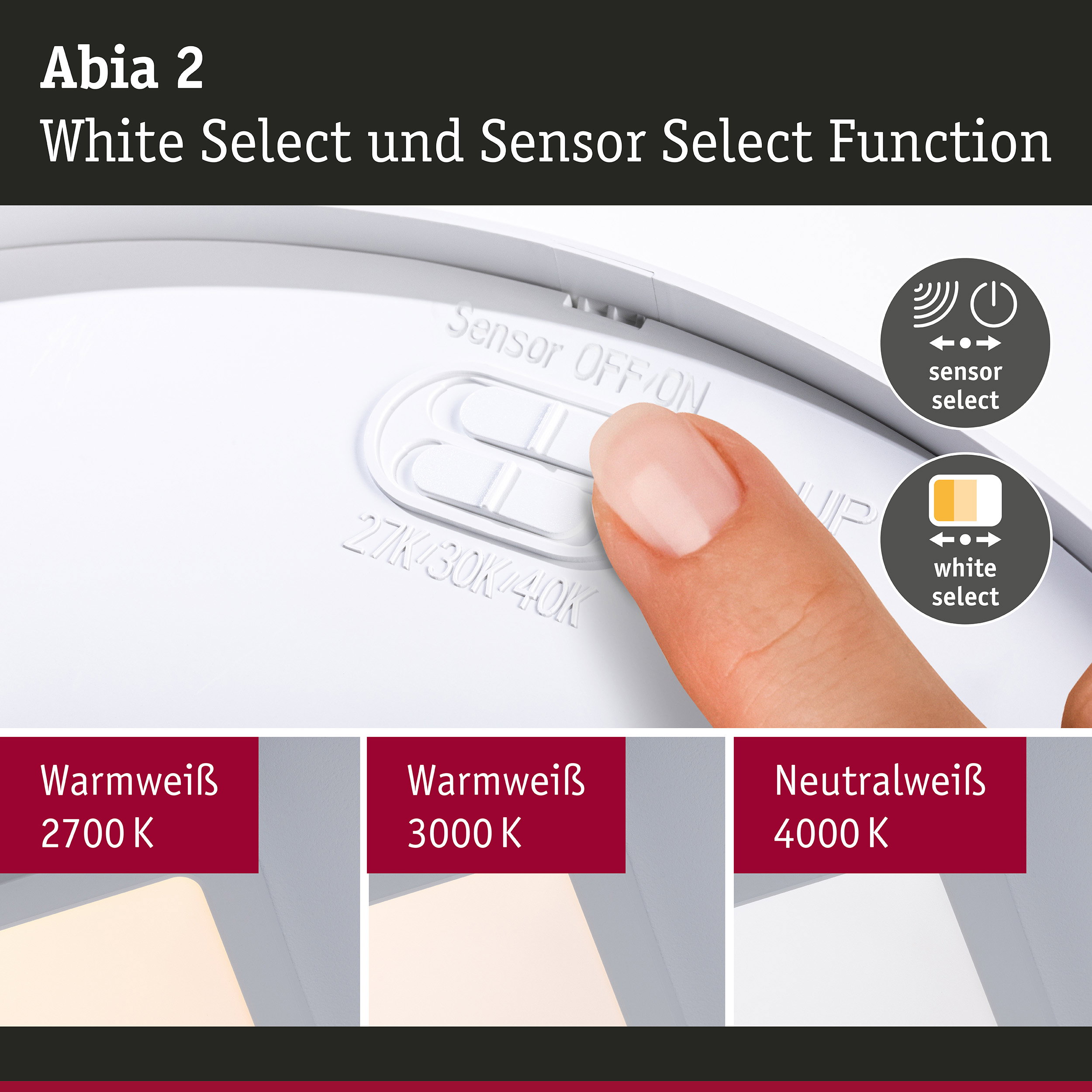 Abia 2 LED-Deckenleuchte in Weiß mit Sensor- und White Select-Funktion für einstellbare Lichtfarben
