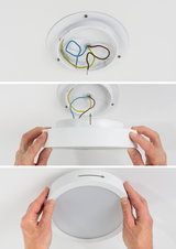 Installation steps for white round LED ceiling light showing wiring and twist lock mounting