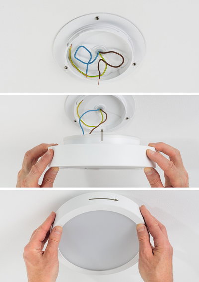 Instructions de montage pour plafonnier LED rond blanc avec câblage visible et fixation par rotation