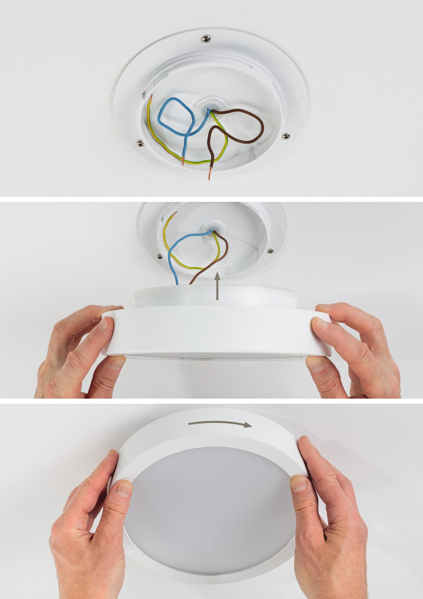 Instructions de montage pour plafonnier LED rond blanc avec câblage visible et fixation par rotation