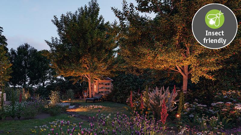 Garten mit warmem LED-Licht an Bäumen und Blumen, insektenfreundliche Außenbeleuchtung für Naturgärten