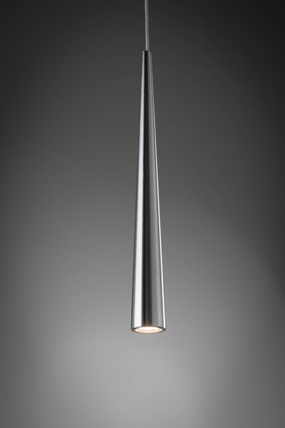 Slim pendant light in brushed aluminum silver with warm white LED light for modern interiors