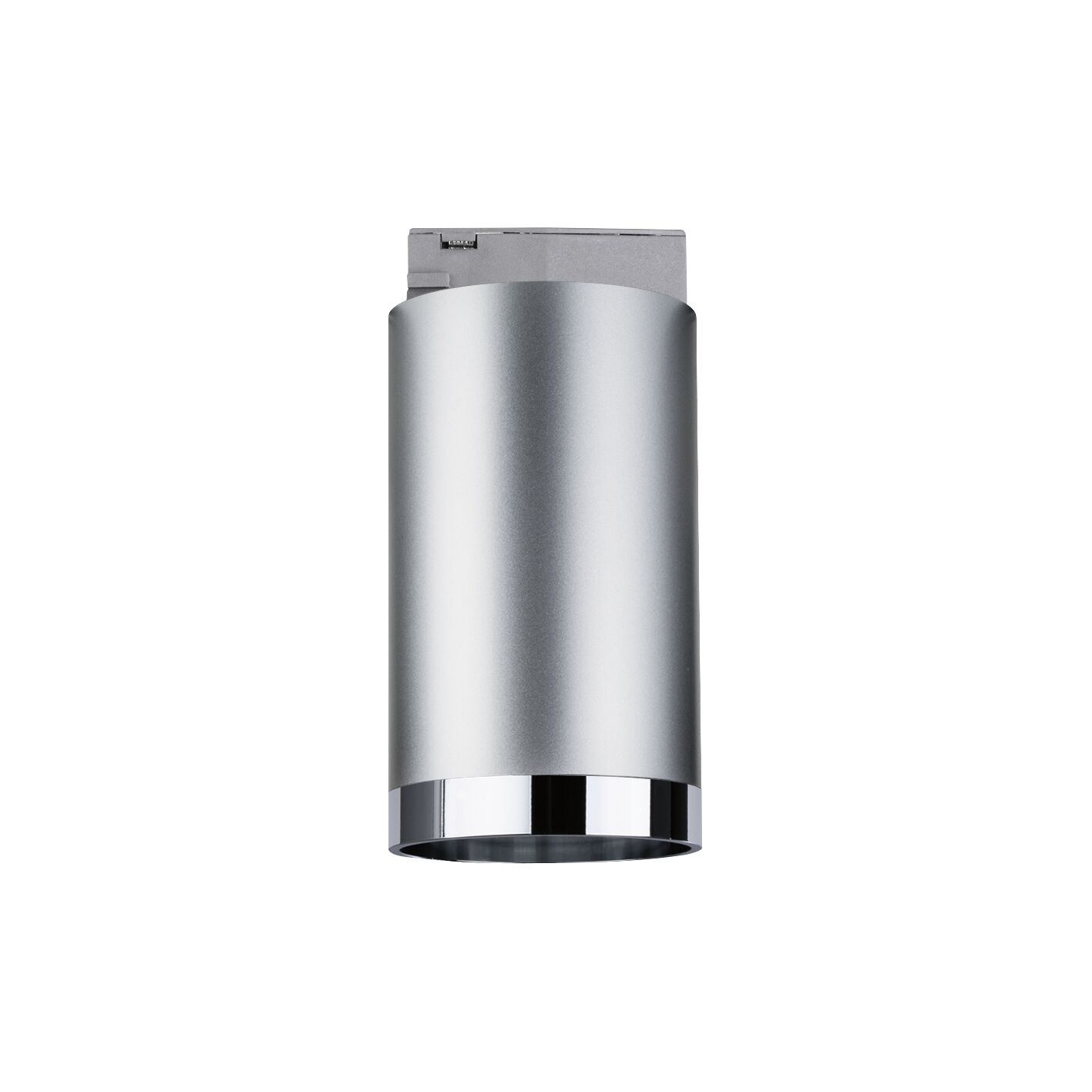 Moderner zylindrischer LED-Deckenstrahler aus silbernem Aluminium mit Chromrand für Innenräume