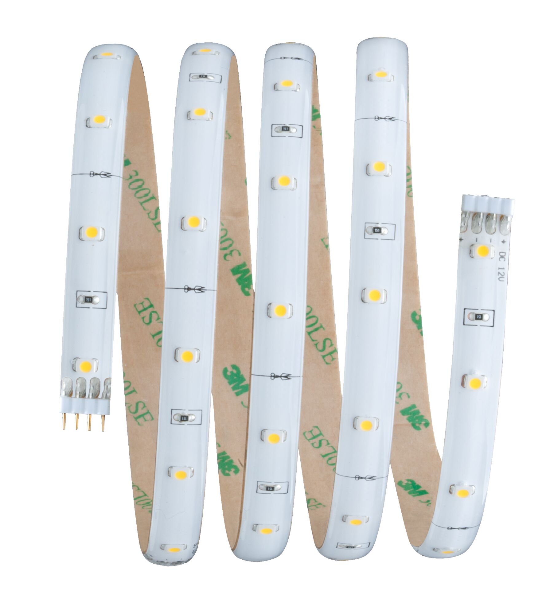 Flexible white LED strip with yellow LEDs and adhesive backing for versatile lighting solutions.