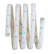 Flexible weiße LED-Lichtleiste mit gelben LEDs und selbstklebender Rückseite für vielseitige Beleuchtung.