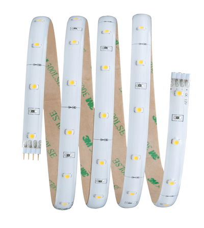 Flexible weiße LED-Lichtleiste mit gelben LEDs und selbstklebender Rückseite für vielseitige Beleuchtung.