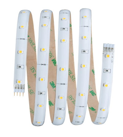 Flexible weiße LED-Lichtleiste mit gelben LEDs und selbstklebender Rückseite für vielseitige Beleuchtung.