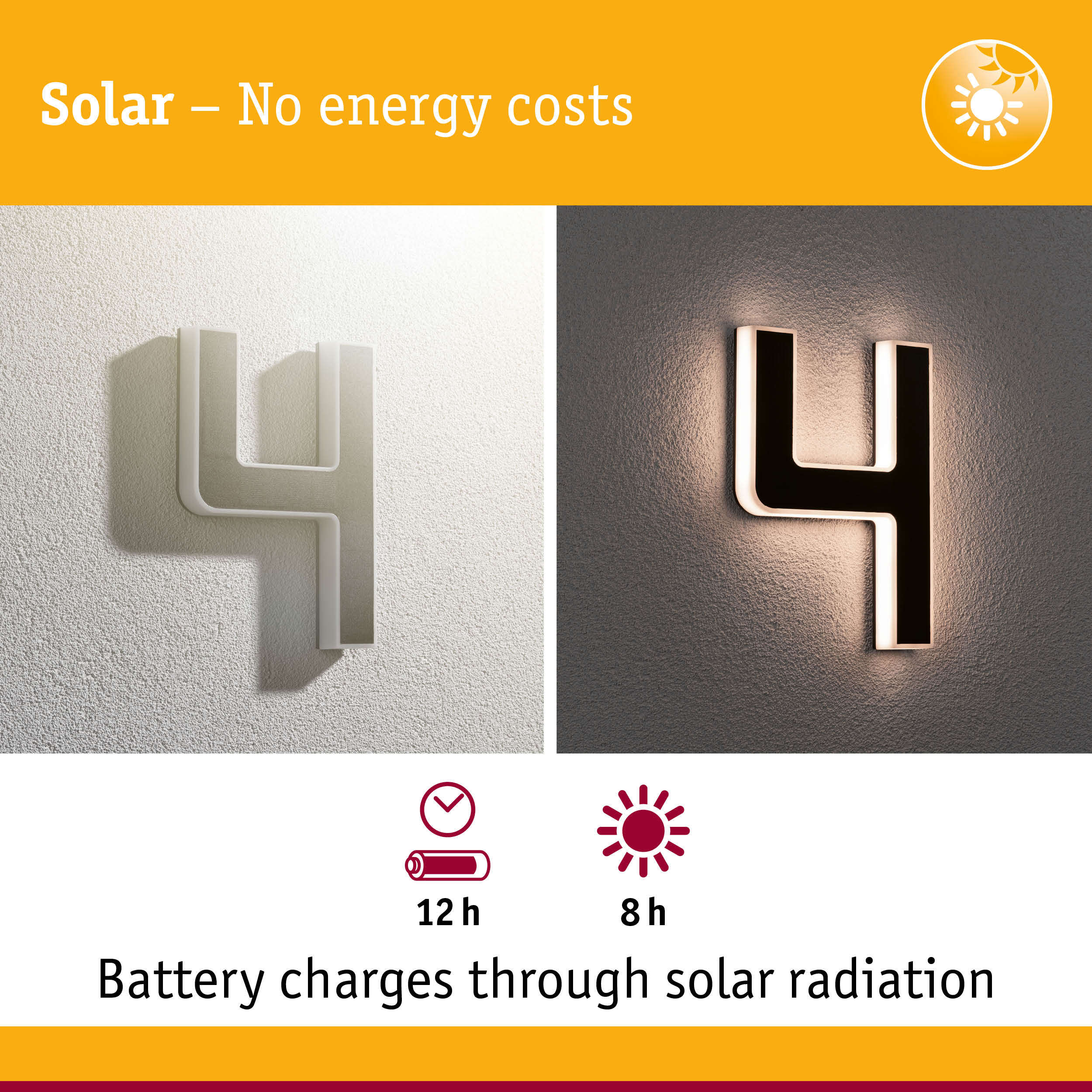 Solar-powered wall lamp in white and black with LED lighting and 12-hour battery life