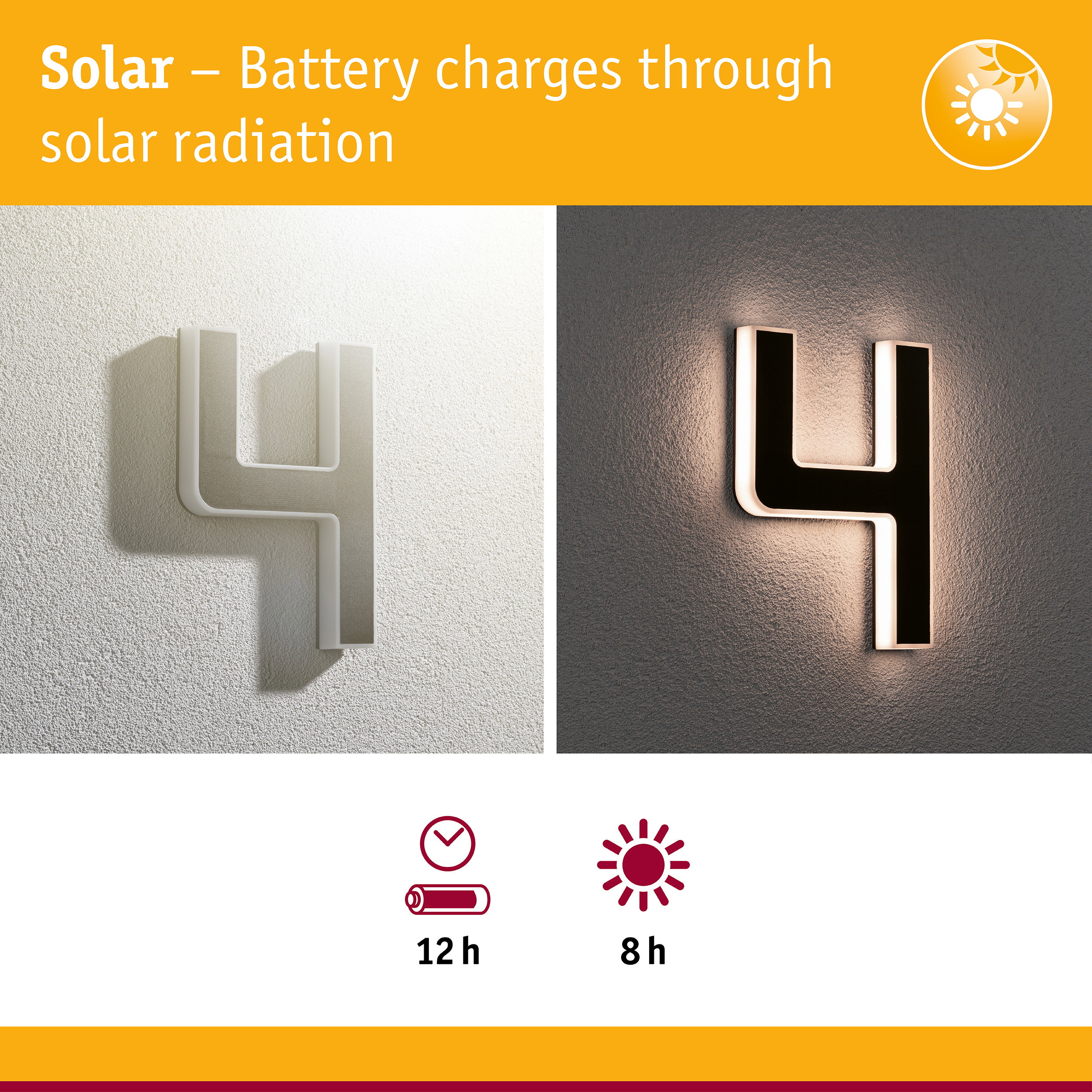 Solar-powered wall lamp in white and black with LED lighting and 12-hour battery life