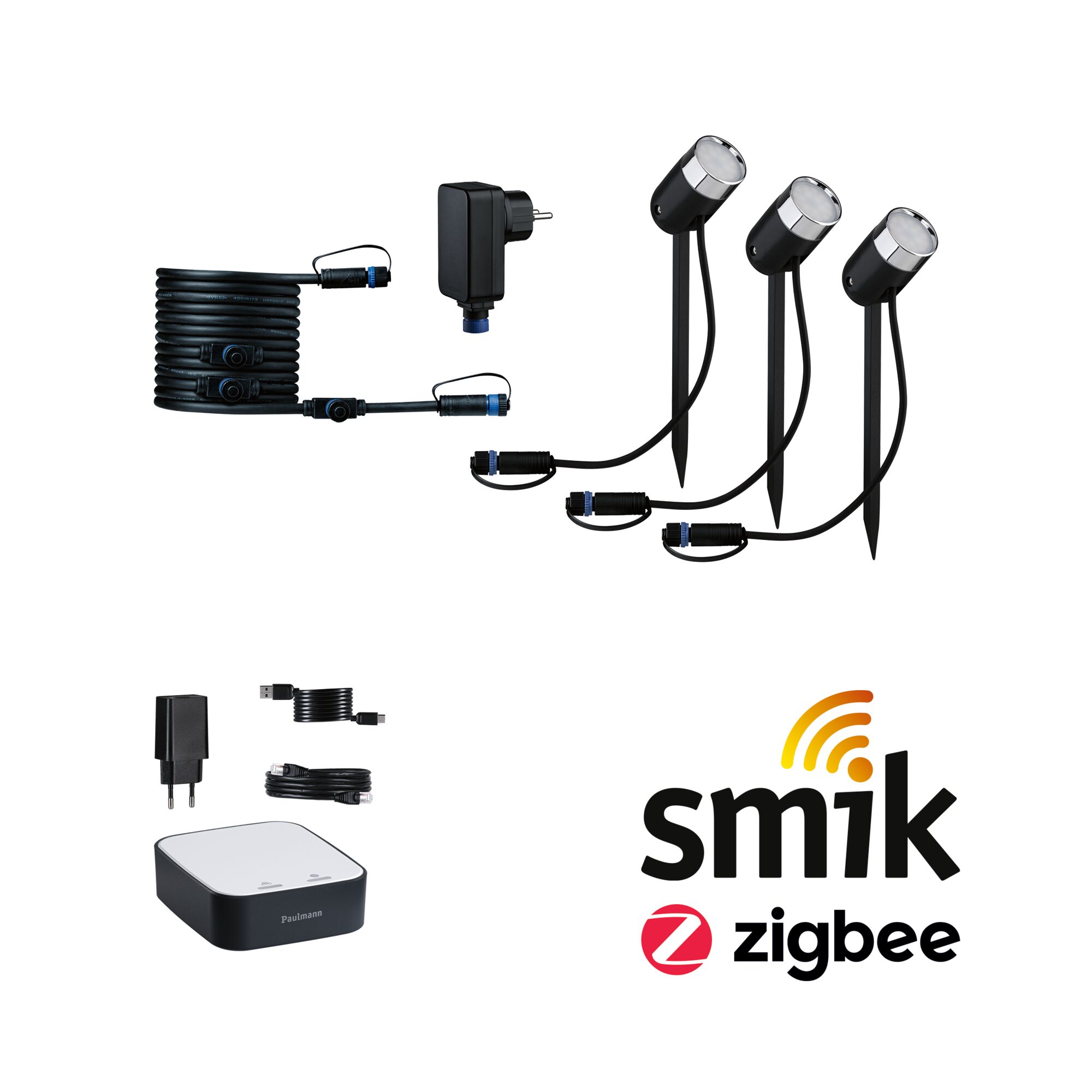 Plug & Shine Kits de démarrage Smart Home smik Gateway + Projecteur de jardin à LED Pike Basisset RGBW+. Ensemble d'éclairage de jardin Smik Zigbee avec trois spots LED noirs sur piquets et unité de contrôle pour éclairage extérieur intelligent