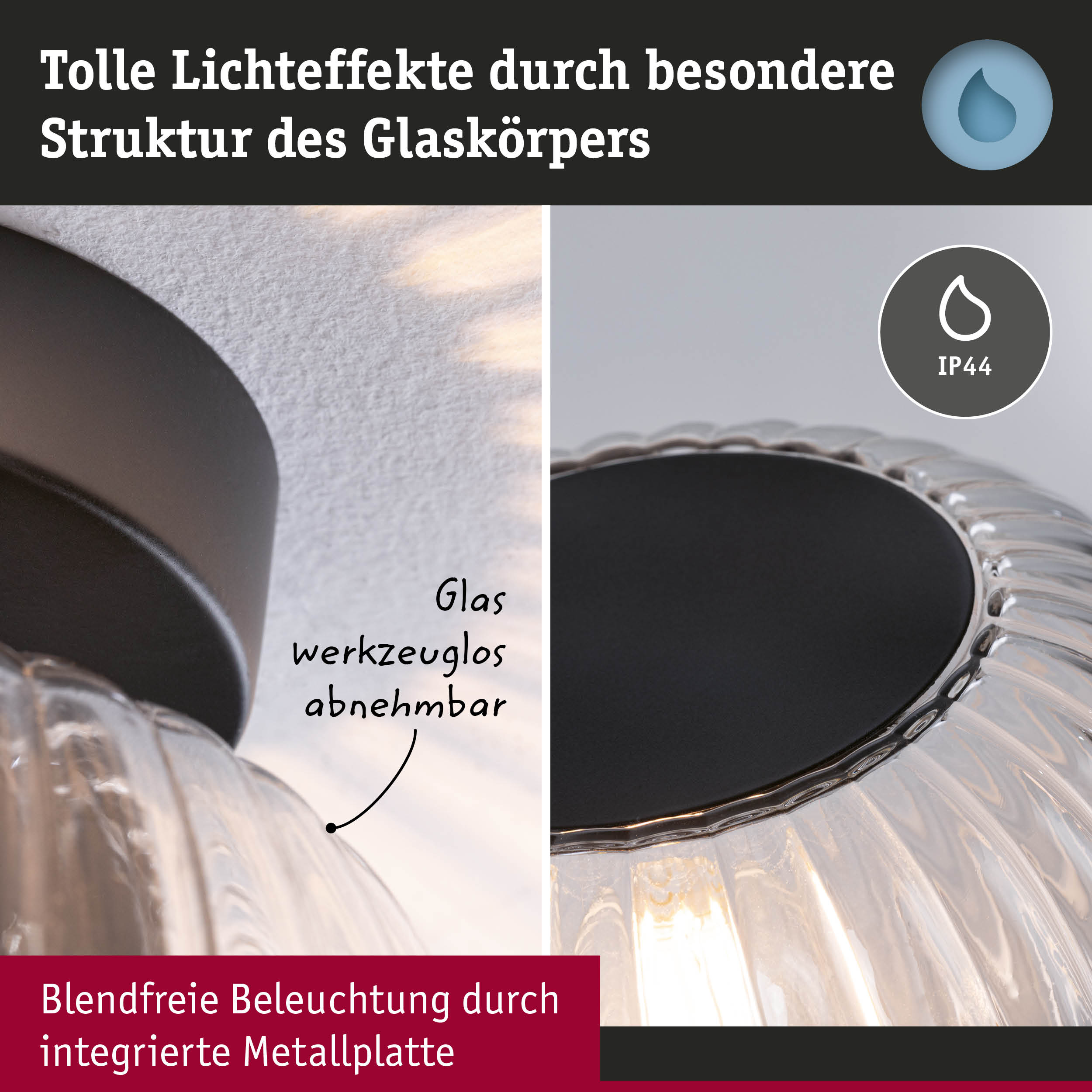 Nahaufnahme einer Glasleuchte mit strukturierter Oberfläche und integrierter Metallplatte für blendfreies Licht