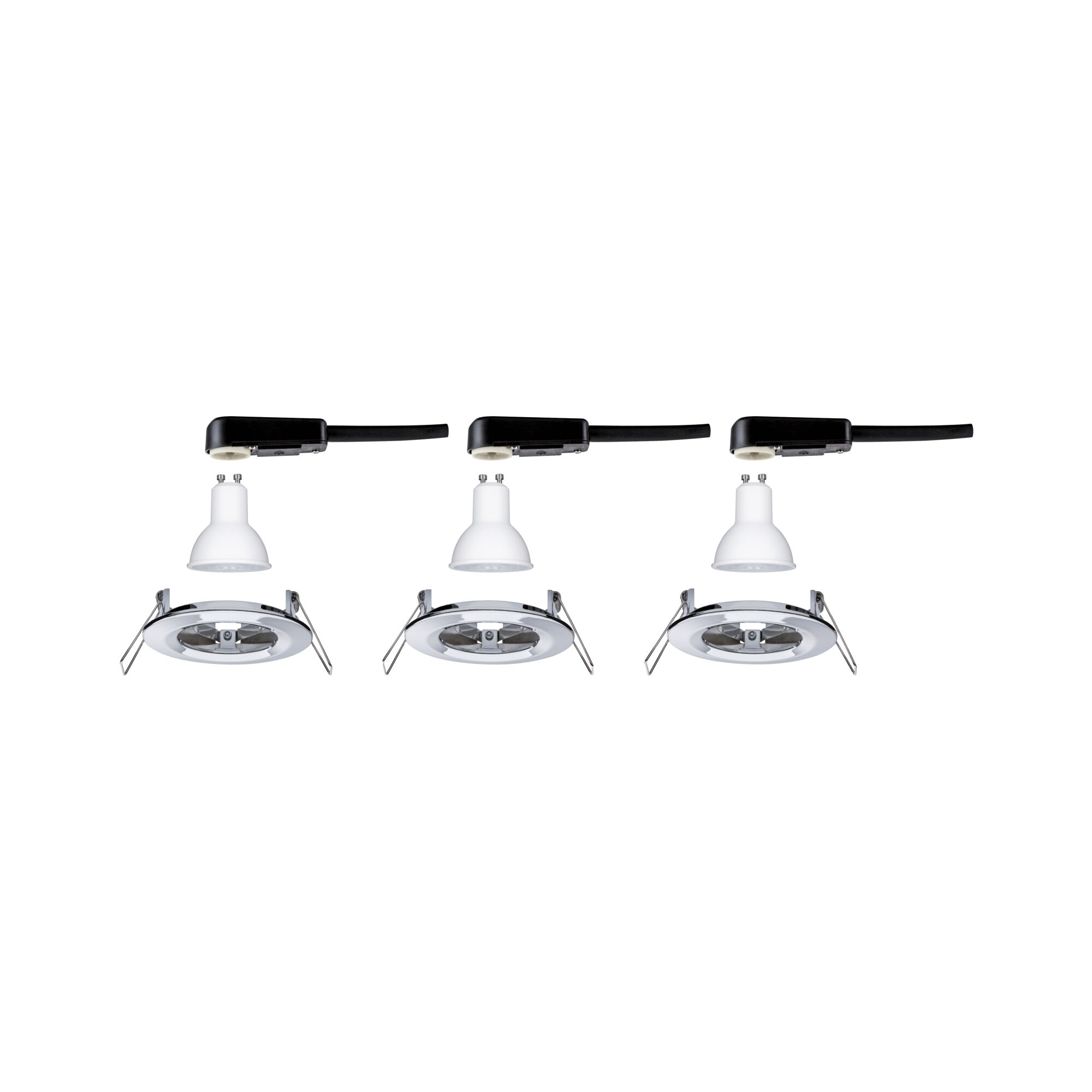 Trois ampoules LED GU10 blanches avec connecteurs noirs et cadres encastrés argentés pour spots LED.
