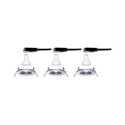 Trois ampoules LED GU10 blanches avec connecteurs noirs et cadres encastrés argentés pour spots LED.