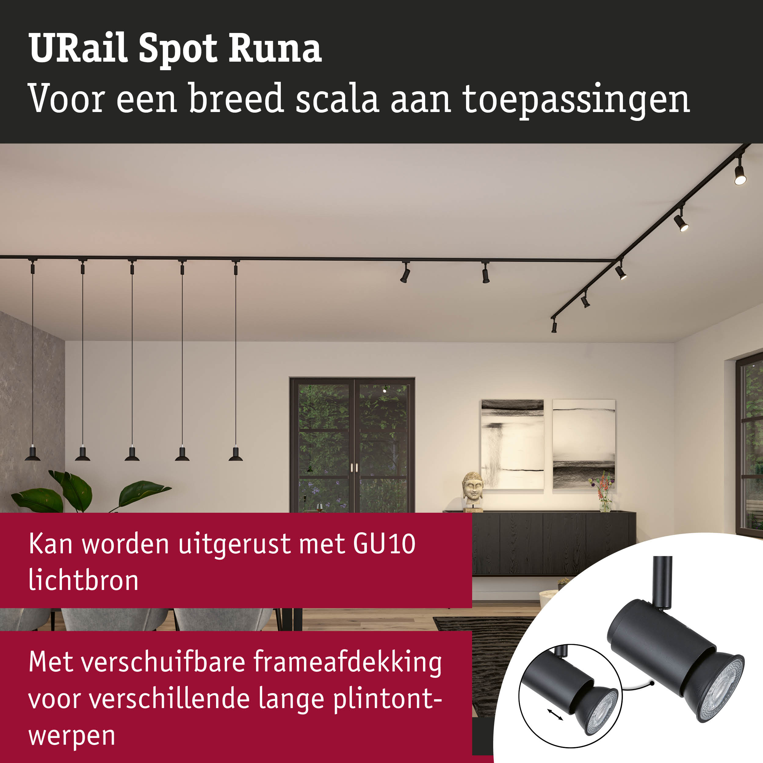 Zwarte URail Spot Runa railschijnwerper met GU10 fitting voor veelzijdige woonverlichting