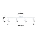 Weißer LED-Deckenstrahler aus Metall mit vier verstellbaren Spots und Maßen 584x124 mm