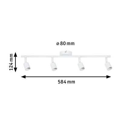 Hvid metal LED-loftspot med fire justerbare hoveder, mål 584x124 mm