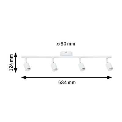 Spot LED de plafond blanc en métal avec quatre têtes réglables, dimensions 584x124 mm