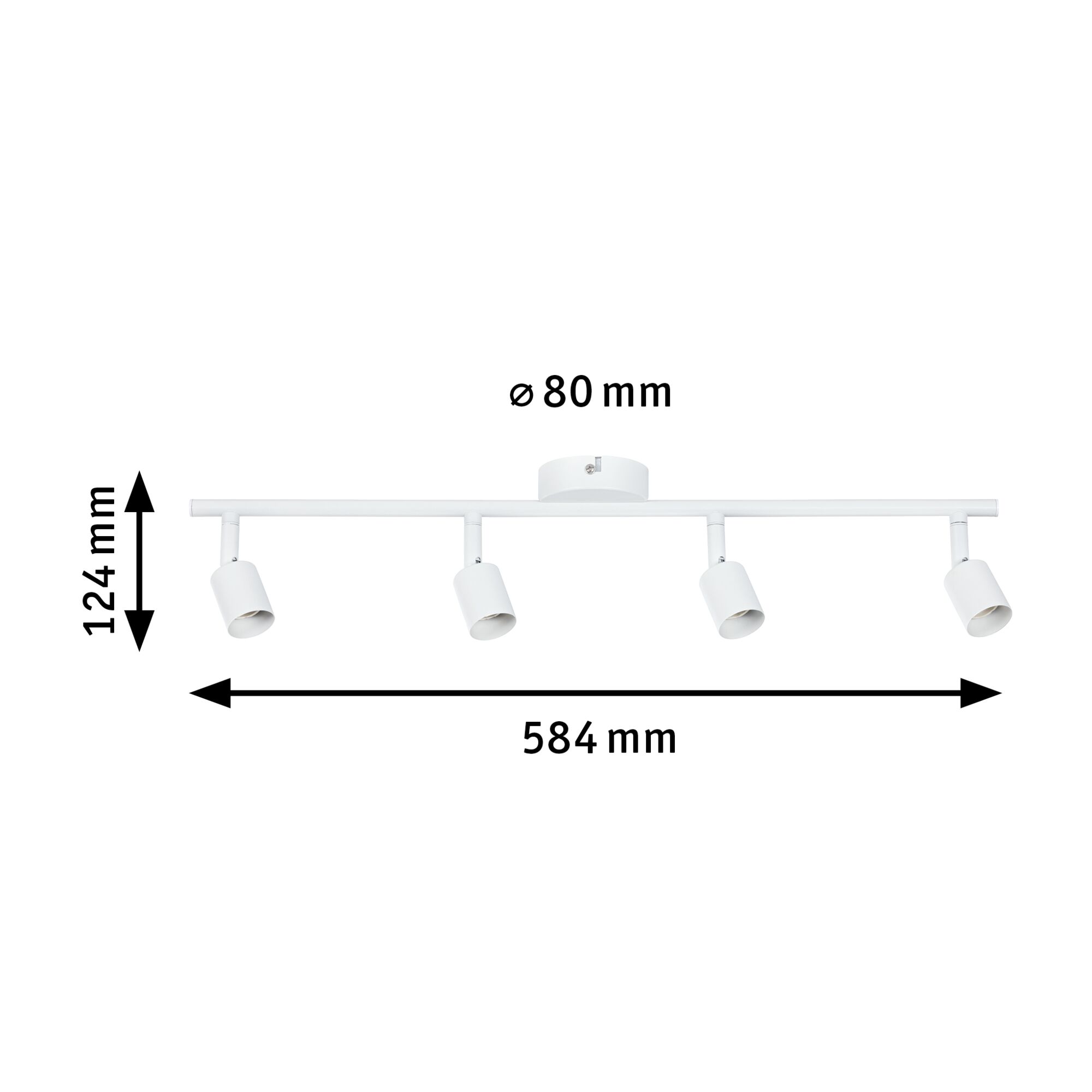 Weißer LED-Deckenstrahler aus Metall mit vier verstellbaren Spots und Maßen 584x124 mm
