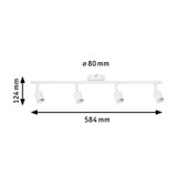 Weißer LED-Deckenstrahler aus Metall mit vier verstellbaren Spots und Maßen 584x124 mm