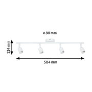 White metal LED ceiling spotlight with four adjustable heads, dimensions 584x124 mm