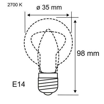 Technische Zeichnung einer E14 LED-Glühbirne mit 35 mm Durchmesser und 98 mm Länge, 2700 K Lichtfarbe