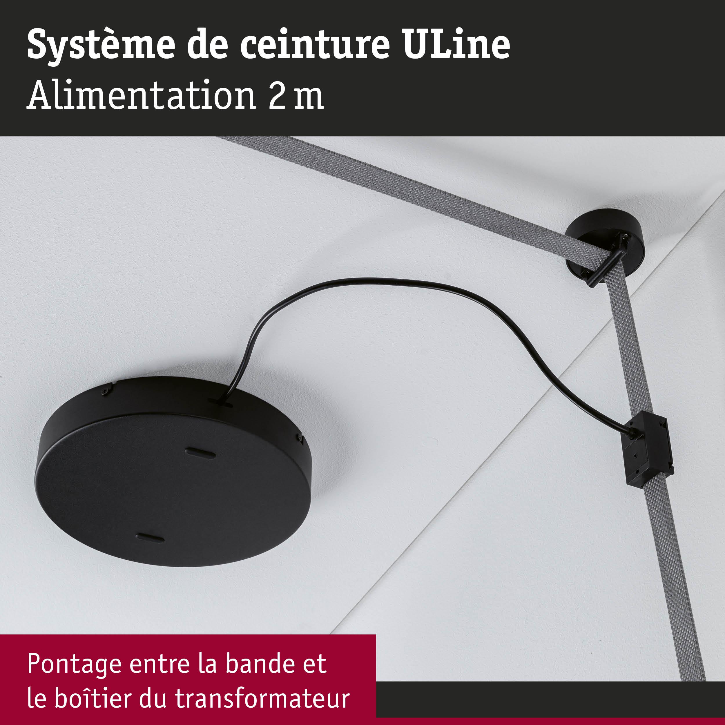 Boîtier transformateur rond noir avec bande ULine grise au plafond blanc, alimentation 2 mètres
