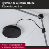 Boîtier transformateur rond noir avec bande ULine grise au plafond blanc, alimentation 2 mètres