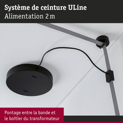 Boîtier transformateur rond noir avec bande ULine grise au plafond blanc, alimentation 2 mètres