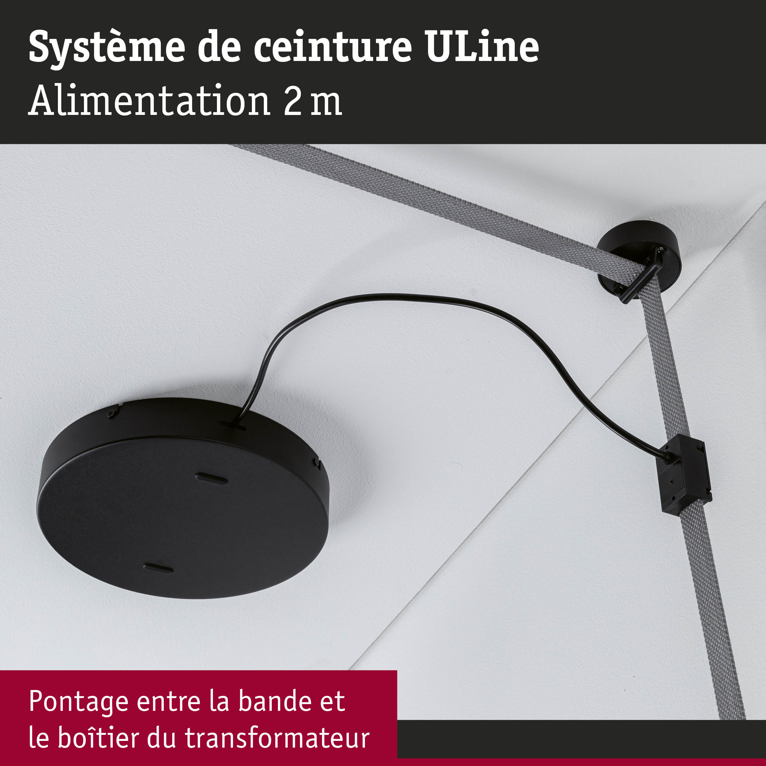 Système de fixation au plafond noir avec sangle textile grise et câble pour installation d'éclairage