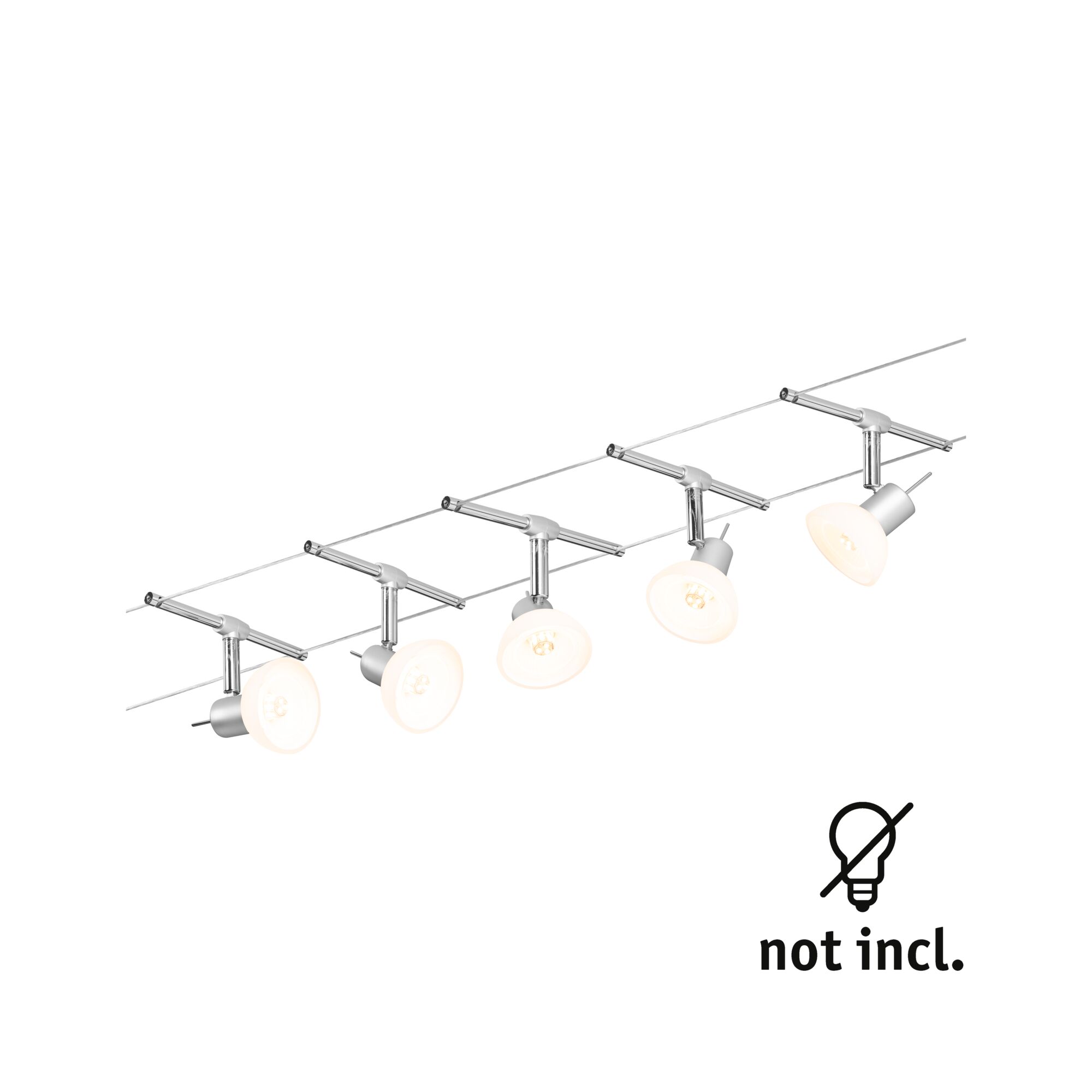 Sheela GU5,3 10m max. 5x10W 230/12V Chrom matt/Opal Fünfflammige LED-Seilsystemleuchte in Silber mit verstellbaren Spots, Leuchtmittel nicht enthalten