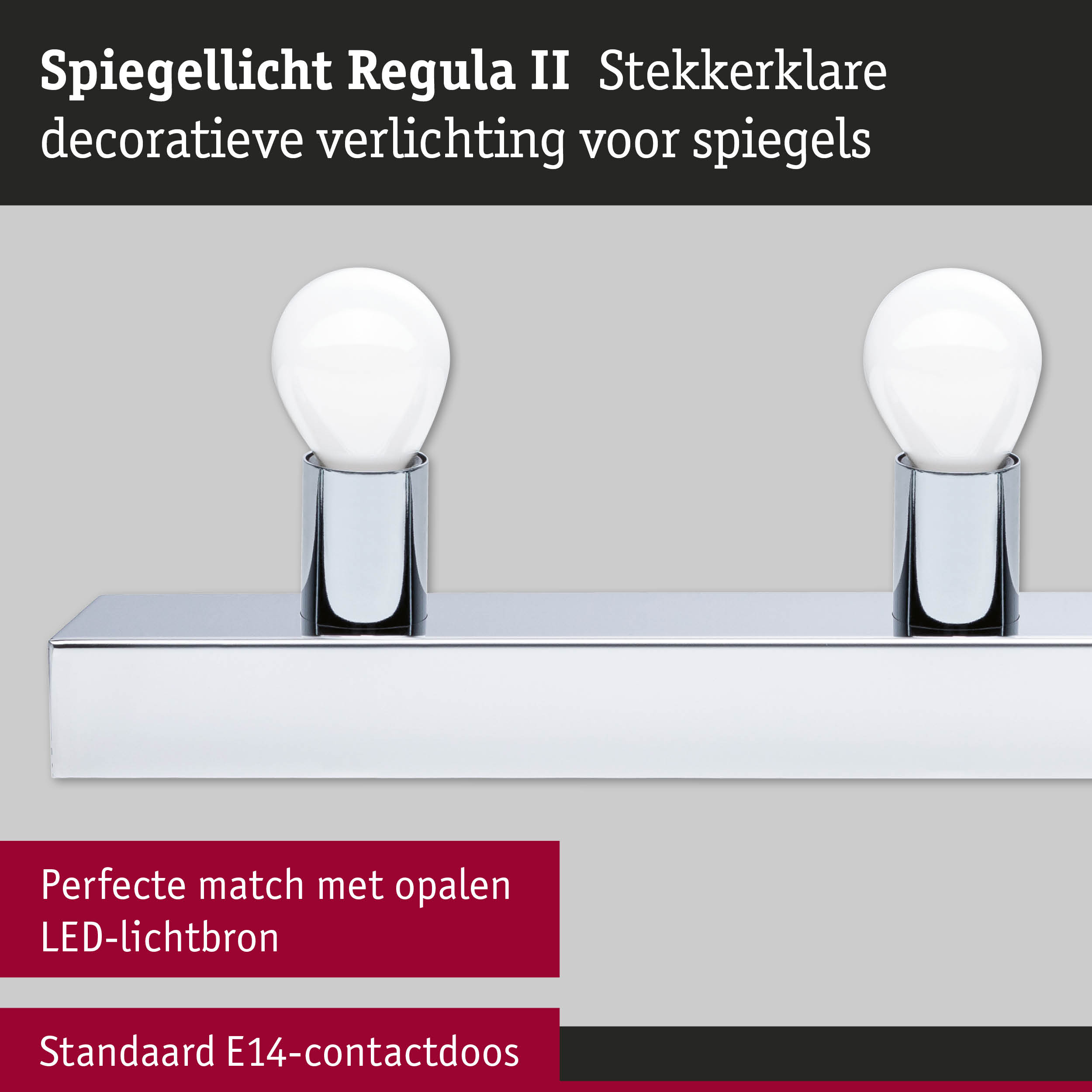 Spiegellicht Regula II in chroom met twee witte LED-lichtbronnen voor decoratieve spiegelverlichting