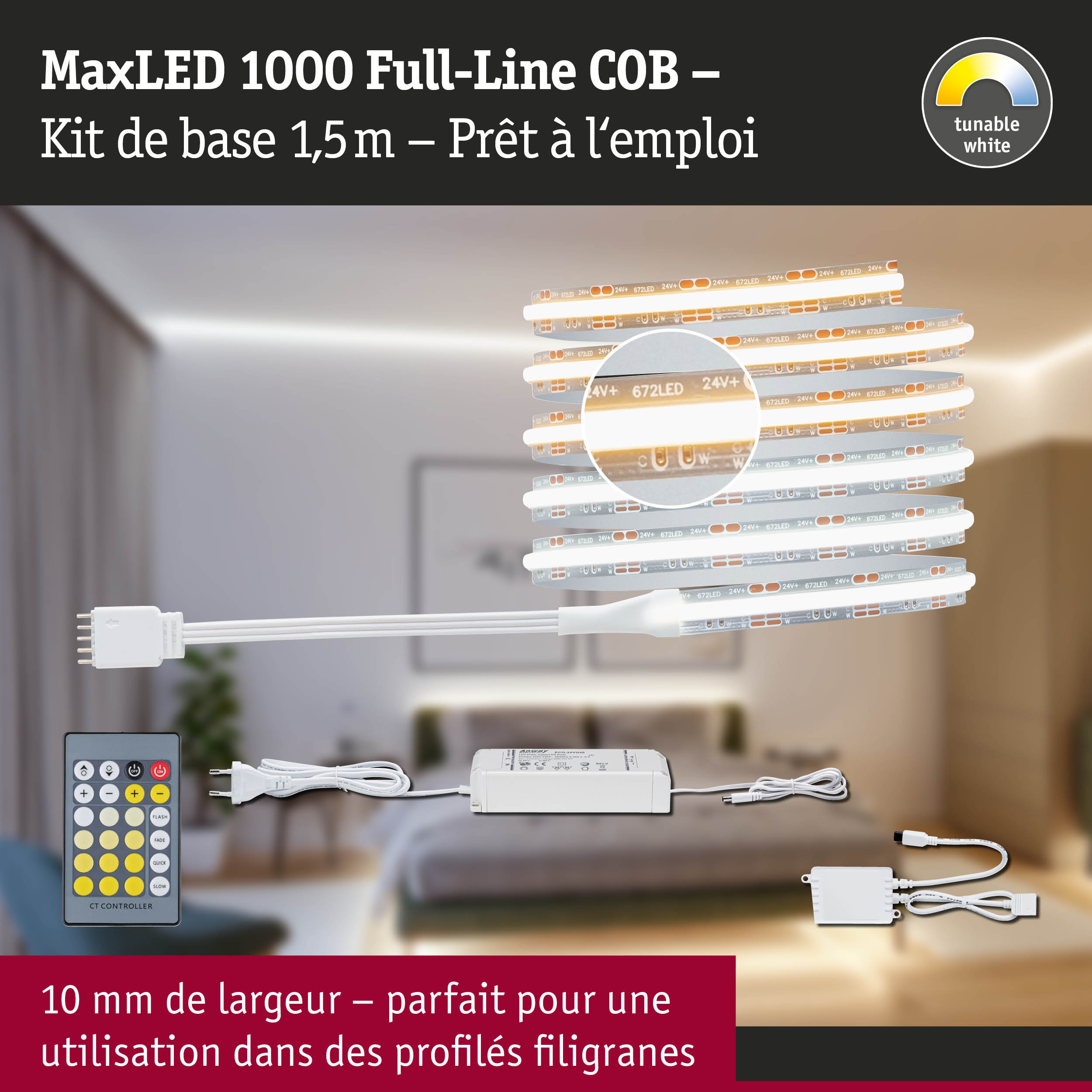 Kit LED MaxLED 1000 Full-Line COB 1,5 m avec télécommande, lumière blanche réglable pour profils fins