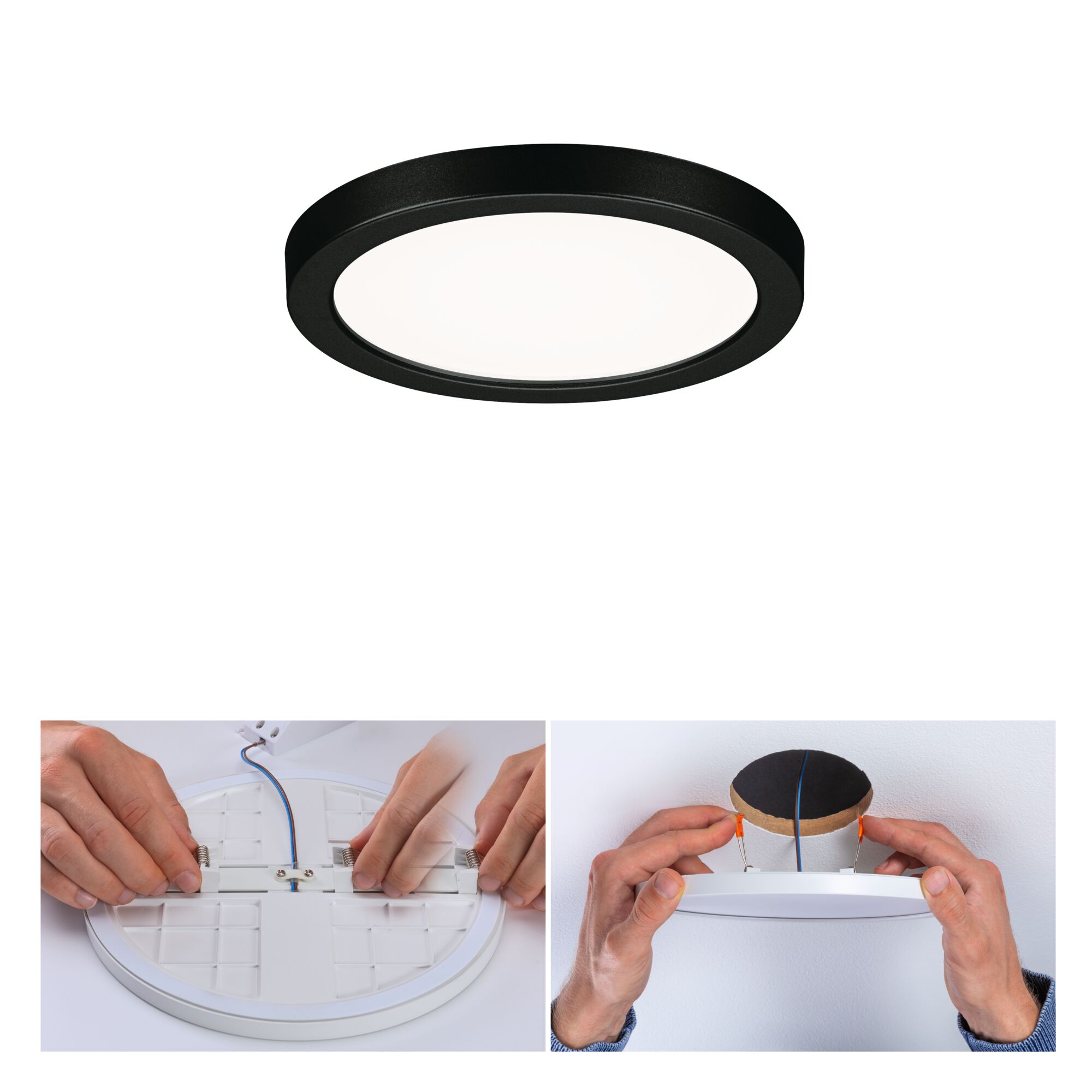 Rundes LED-Deckenpanel in Schwarz mit weißem Diffusor, Montageanleitung mit Federklammern und Kabelanschluss.